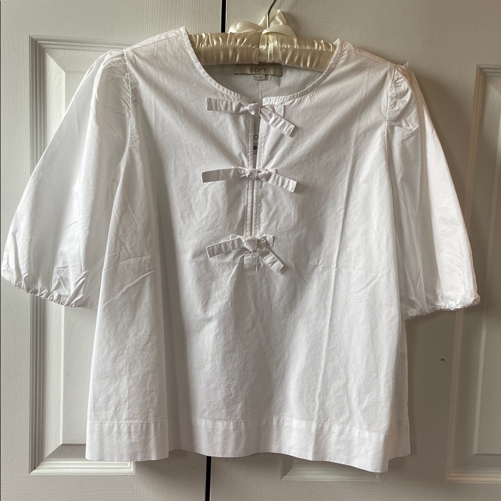 LOFT Cotton Poplin Short-Sleeve Bow Top, White, M, NWT